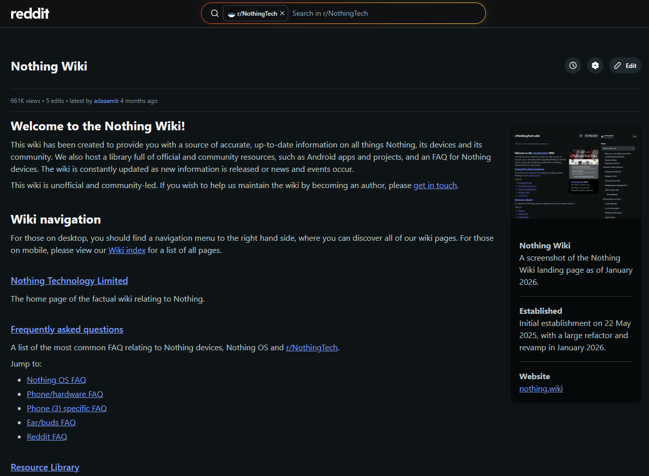 A screenshot of the Nothing Wiki landing page as of January 2026