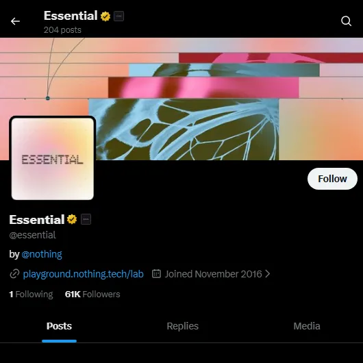A screenshot of the @essential X account, May 2026